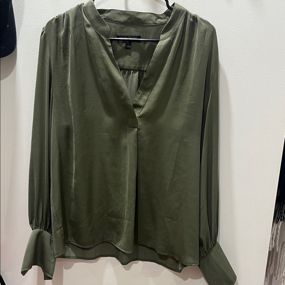 Silky Olive Green Long-Sleeve V-Neck Blouse